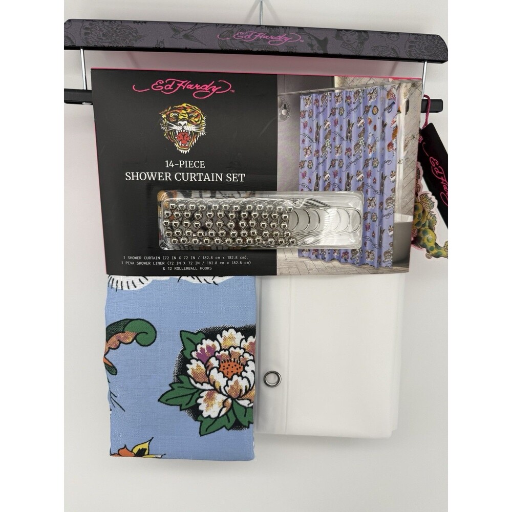 Ed Hardy Shower Curtain 14pc Set Foo Dog Birds Flowers Tiger New 72x72